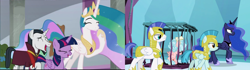 Size: 2048x576 | Tagged: safe, edit, edited screencap, screencap, character:chancellor neighsay, character:cozy glow, character:guardian angel, character:princess celestia, character:princess luna, character:twilight sparkle, character:twilight sparkle (alicorn), species:alicorn, species:pegasus, species:pony, species:unicorn, episode:school raze, g4, my little pony: friendship is magic, armor, cage, cozybuse, cute, ethereal mane, female, filly, foal, galaxy mane, guardsmare, laughing, male, mare, op is right, prison, royal guard, school, school of friendship, serious, serious face, smiling, stallion, tartarus