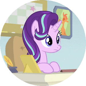 Size: 300x300 | Tagged: safe, edit, screencap, character:starlight glimmer, species:pony, species:unicorn, episode:on the road to friendship, animated, blinking, chair, circle, cropped, desk, female, guidance counselor, hooves on the table, listening, loop, mare, school of friendship, sitting, solo, starlight's office