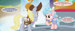 Size: 798x336 | Tagged: safe, edit, edited screencap, screencap, character:cozy glow, character:derpy hooves, species:pegasus, species:pony, episode:school raze, g4, my little pony: friendship is magic, clothing, cropped, dialogue, female, filly, foal, hat, implied doctor whooves, mailbag, mailmare hat, mailpony uniform, mare, saddle bag, school of friendship, speech bubble, text, thought bubble, uniform