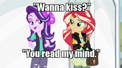 Size: 640x359 | Tagged: safe, edit, edited screencap, screencap, character:starlight glimmer, character:sunset shimmer, ship:shimmerglimmer, equestria girls:mirror magic, g4, my little pony: equestria girls, my little pony:equestria girls, spoiler:eqg specials, bag, beanie, bedroom eyes, clothing, female, grin, hat, image macro, jacket, leather jacket, lesbian, meme, pants, playful, ripped pants, shipping, shirt, smiling, vest