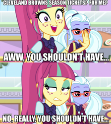 Size: 688x768 | Tagged: safe, edit, edited screencap, screencap, character:sour sweet, character:sugarcoat, equestria girls:dance magic, g4, my little pony: equestria girls, my little pony:equestria girls, spoiler:eqg specials, american football, bipolar, bow tie, cleveland browns, clothing, crystal prep academy uniform, crystal prep shadowbolts, freckles, image macro, meme, nfl, no really you shouldn't have, pigtails, ponytail, school uniform, twintails, two-face sour sweet, you shouldn't have