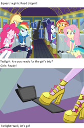 Size: 1280x1949 | Tagged: safe, edit, edited screencap, screencap, character:applejack, character:fluttershy, character:pinkie pie, character:rainbow dash, character:rarity, character:sunset shimmer, character:twilight sparkle, character:twilight sparkle (scitwi), species:eqg human, episode:road trippin', equestria girls:dance magic, g4, my little pony: equestria girls, my little pony:equestria girls, clothing, converse, driving, geode of fauna, geode of shielding, geode of sugar bombs, geode of super speed, high heels, legs, magical geodes, pedal, pictures of legs, shoes, tour bus