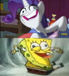 Size: 422x462 | Tagged: safe, edit, edited screencap, screencap, character:rarity, episode:fame and misfortune, g4, my little pony: friendship is magic, bummer vacation, comparison, funny, i've been waiting for you patrick, insanity, makeup, rarisnap, running makeup, spongebob squarepants, why i'm creating a gown darling