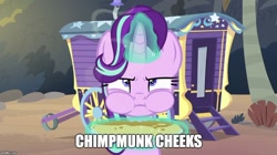 Size: 888x499 | Tagged: safe, edit, edited screencap, screencap, character:starlight glimmer, species:pony, species:unicorn, episode:on the road to friendship, chipmunk cheeks, cute, female, haycakes, horn, image macro, magic, mare, meme, solo, trixie's wagon, wagon