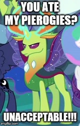 Size: 236x370 | Tagged: safe, edit, edited screencap, screencap, character:thorax, species:changeling, species:reformed changeling, episode:to where and back again, g4, my little pony: friendship is magic, angry, antlers, caption, cropped, glowing horn, image macro, imgflip, magic, meme, pierogi, poland, text, unacceptable