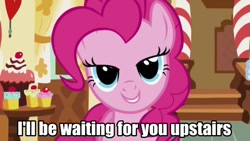 Size: 640x360 | Tagged: safe, edit, edited screencap, screencap, character:pinkie pie, species:earth pony, species:pony, bedroom eyes, bronybait, caption, female, i'll be waiting for you upstairs, image macro, looking at you, mare, solo