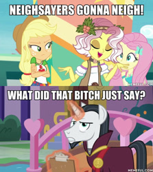 Size: 600x674 | Tagged: safe, edit, edited screencap, screencap, character:applejack, character:chancellor neighsay, character:fluttershy, character:vignette valencia, episode:school daze, equestria girls:rollercoaster of friendship, g4, my little pony: equestria girls, my little pony: friendship is magic, my little pony:equestria girls, geode of fauna, geode of super strength, image macro, meme, vignette valencia, vulgar