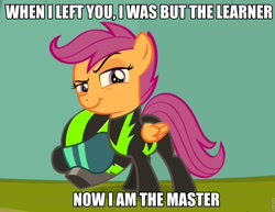 Size: 960x742 | Tagged: safe, edit, edited screencap, screencap, character:scootaloo, species:pegasus, species:pony, episode:the washouts, g4, my little pony: friendship is magic, clothing, crossover, dark side, darth vader, female, filly, foal, helmet, image macro, meme, pint-sized dynamite, raised eyebrow, smiling, smirk, star wars, traitorloo, uniform, washouts uniform