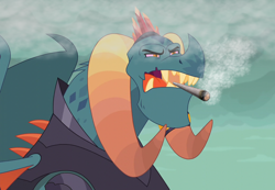 Size: 1040x720 | Tagged: safe, edit, edited screencap, screencap, character:dragon lord torch, species:dragon, episode:gauntlet of fire, g4, my little pony: friendship is magic, 420, 420 blaze it, bloodshot eyes, blunt, drugs, high, marijuana, smoking, solo