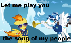 Size: 500x303 | Tagged: safe, edit, edited screencap, screencap, character:fast clip, character:spitfire, species:pegasus, species:pony, episode:wonderbolts academy, clothing, female, image macro, male, manerick, mare, musical instrument, song of my people, stallion, sunglasses, text, trumpet, uniform, whiplash, wonderbolts dress uniform