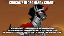 Size: 888x499 | Tagged: safe, edit, edited screencap, screencap, character:king sombra, species:pony, species:unicorn, episode:the crystal empire, g4, my little pony: friendship is magic, season 9, antagonist, hilarious in hindsight, image macro, implied grogar, male, meme, necromancy, solo, stallion