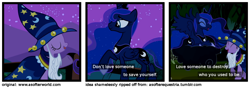 Size: 1200x420 | Tagged: safe, edit, edited screencap, screencap, character:princess luna, character:twilight sparkle, species:alicorn, species:pony, episode:luna eclipsed, g4, my little pony: friendship is magic, a softer world, clothing, comic, cropped, duo, ethereal mane, eyes closed, fake beard, female, galaxy mane, hat, lying on a cloud, mare, screencap comic, star swirl the bearded costume, text, wizard hat