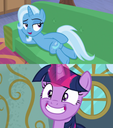 Size: 1280x1440 | Tagged: safe, edit, edited screencap, screencap, character:trixie, character:twilight sparkle, species:pony, species:unicorn, ship:twixie, episode:on the road to friendship, episode:top bolt, g4, my little pony: friendship is magic, couch, draw me like one of your french girls, exploitable meme, female, lesbian, looking back, mare, meme, out of context, prone, shipping, sultry pose, this will end in snu snu