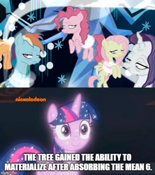 Size: 500x562 | Tagged: safe, edit, edited screencap, screencap, character:fluttershy, character:mean applejack, character:mean fluttershy, character:mean pinkie pie, character:mean rainbow dash, character:mean rarity, character:rainbow dash, character:tree of harmony, character:treelight sparkle, character:twilight sparkle, species:pony, episode:the mean 6, episode:what lies beneath, g4, my little pony: friendship is magic, clone, dying, fan theory, female, mare, op might be on to something, sparkles, theory, tree of harmony, treelight sparkle, you ruined everything
