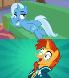 Size: 1280x1440 | Tagged: safe, edit, edited screencap, screencap, character:sunburst, character:trixie, species:pony, species:unicorn, ship:trixburst, episode:on the road to friendship, episode:the parent map, g4, couch, draw me like one of your french girls, female, looking back, male, mare, prone, shipping, stallion, straight