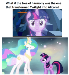 Size: 1340x1460 | Tagged: safe, edit, edited screencap, screencap, character:princess celestia, character:tree of harmony, character:treelight sparkle, character:twilight sparkle, character:twilight sparkle (unicorn), species:alicorn, species:pony, species:unicorn, episode:magical mystery cure, episode:what lies beneath, g4, my little pony: friendship is magic, season 8, celestial plane, ethereal mane, female, mare, nickelodeon, op might be on to something, princess celestia's special princess making dimension, season 3, sparkles, theory, tree of harmony, treelight sparkle, what if