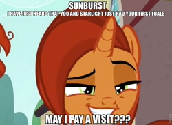 Size: 772x566 | Tagged: safe, edit, edited screencap, screencap, character:stellar flare, character:sunburst, episode:the parent map, g4, image macro, implied offspring, implied shipping, implied starburst, implied starlight glimmer, implied straight, meme, mothers gonna mother, oh no, stellarsmug, that pony sure does want grandfoals, this will end in a family visit, this will end in tears