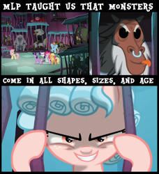 Size: 1310x1434 | Tagged: safe, edit, edited screencap, screencap, character:applejack, character:cozy glow, character:fluttershy, character:lord tirek, character:rainbow dash, character:rarity, character:spike, character:twilight sparkle, character:twilight sparkle (alicorn), species:alicorn, species:earth pony, species:pegasus, species:pony, species:unicorn, episode:school raze, g4, my little pony: friendship is magic, background monster, bars, bugbear, cage, evil grin, female, filly, foal, grin, male, mare, meme, monster, narrowed eyes, nose piercing, nose ring, op has a point, piercing, smiling, tartarus, text, wanna be friends?