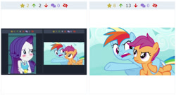 Size: 613x334 | Tagged: safe, edit, edited screencap, screencap, character:rainbow dash, character:rarity, character:scootaloo, species:pegasus, species:pony, derpibooru, episode:the washouts, equestria girls:rollercoaster of friendship, g4, my little pony: equestria girls, my little pony: friendship is magic, my little pony:equestria girls, blushing, juxtaposition, juxtaposition win, meme, meta, we need to go deeper