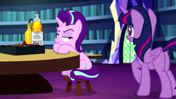 Size: 854x480 | Tagged: safe, edit, edited screencap, screencap, character:starlight glimmer, character:twilight sparkle, character:twilight sparkle (alicorn), species:alicorn, species:pony, species:unicorn, episode:uncommon bond, g4, my little pony: friendship is magic, alcohol, board game, dragon pit, sitting, totally legit recap, youtube link