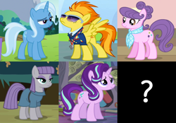 Size: 2202x1536 | Tagged: safe, edit, edited screencap, screencap, character:maud pie, character:spitfire, character:starlight glimmer, character:suri polomare, character:trixie, species:earth pony, species:pegasus, species:pony, species:unicorn, episode:maud pie, episode:no second prances, episode:rarity takes manehattan, episode:the crystalling, episode:wonderbolts academy, g4, my little pony: friendship is magic, alternate mane six, clothing, collage, cropped, female, mare, question mark, reformed, uniform, wonderbolts dress uniform