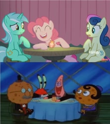 Size: 843x948 | Tagged: safe, edit, edited screencap, screencap, character:bon bon, character:lyra heartstrings, character:pinkie pie, character:sweetie drops, episode:the maud couple, g4, my little pony: friendship is magic, comparison, culture shock, mr. krabs, patrick star, spongebob squarepants