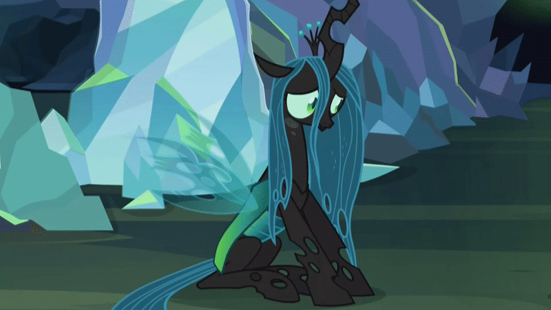 Size: 800x450 | Tagged: safe, edit, edited screencap, screencap, character:ocellus, character:queen chrysalis, species:changeling, species:pony, episode:what lies beneath, g4, my little pony: friendship is magic, season 8, adorkable, animated, awkward, blinking, changeling queen, cropped, cute, cutealis, diaocelles, disguise, disguised changeling, dork, dorkalis, female, frown, gif, implied chrysalis, implied smolder, insecure, loop, mare, nervous, nightmare cave, offscreen character, raised hoof, shy, silly, silly pony, sitting, solo, spread wings, surprised, wings