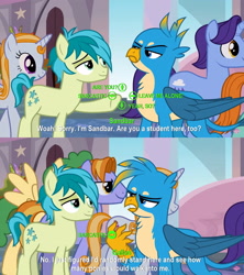 Size: 1920x2160 | Tagged: safe, edit, edited screencap, screencap, character:gallus, character:sandbar, species:earth pony, species:griffon, species:pony, episode:school daze, g4, my little pony: friendship is magic, comic, dialogue choices, duo focus, fallout, fallout 4, male, sarcasm, screencap comic