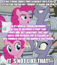 Size: 500x562 | Tagged: safe, edit, edited screencap, screencap, character:limestone pie, character:pinkie pie, species:earth pony, species:pony, episode:a rockhoof and a hard place, g4, my little pony: friendship is magic, comic, duo, female, implied rockhoof, mare, out of character, screencap comic, shipping denied, sisters