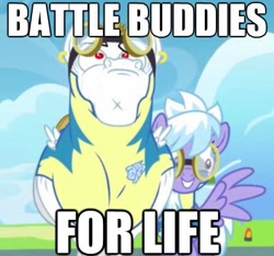 Size: 471x440 | Tagged: safe, edit, edited screencap, screencap, character:bulk biceps, character:cloudchaser, species:pegasus, species:pony, episode:wonderbolts academy, background pony, clothing, cloudrage, cropped, duo, ear piercing, earring, female, goggles, image macro, jewelry, male, mare, piercing, ponies standing next to each other, roid rage, stallion, uniform, wingpony badge, wonderbolt trainee uniform