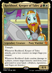 Size: 375x523 | Tagged: safe, edit, screencap, character:rockhoof, species:earth pony, species:pony, episode:a rockhoof and a hard place, g4, my little pony: friendship is magic, beard, blaze (coat marking), braid, ccg, chalkboard, cropped, facial hair, magic the gathering, male, moustache, rockhoof's shovel, stallion, trading card, trading card edit