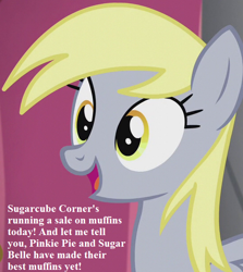 Size: 546x612 | Tagged: safe, edit, edited screencap, screencap, character:derpy hooves, species:pegasus, species:pony, episode:slice of life, g4, my little pony: friendship is magic, bronybait, cropped, cute, derpabetes, female, image macro, implied pinkie pie, implied sugar belle, mare, meme, solo, text