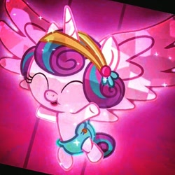 Size: 468x468 | Tagged: safe, edit, edited screencap, screencap, character:princess flurry heart, species:alicorn, species:crystal pony, species:pony, episode:the crystalling, g4, my little pony: friendship is magic, baby, baby pony, cloth diaper, cooing, cropped, crystal diaper, crystallized, cute, dawwww, diaper, female, flurrybetes, flying, hairclip, happy, safety pin, solo, spread wings, wings