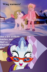 Size: 416x640 | Tagged: safe, edit, edited screencap, screencap, character:megan williams, character:rarity, character:surprise, episode:baby it's cold outside, episode:suited for success, g1, g4, my little pony 'n friends, my little pony: friendship is magic, carousel boutique, cropped, glasses, magic aura, measuring tape, parka, smiling, snow, text, wing warmers