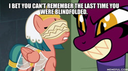 Size: 600x337 | Tagged: safe, edit, edited screencap, screencap, character:somnambula, character:sphinx, species:pegasus, species:pony, species:sphinx, episode:daring done, g4, blindfold, duo, female, image macro, mare, meme, somnambula's blindfold