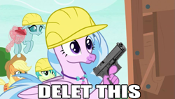 Size: 921x518 | Tagged: safe, edit, edited screencap, screencap, character:applejack, character:ocellus, character:sandbar, character:silverstream, episode:non-compete clause, g4, my little pony: friendship is magic, delet this, glock, gun, image macro, meme, pistol, weapon