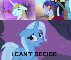 Size: 2560x2160 | Tagged: safe, edit, edited screencap, screencap, character:hoo'far, character:prince blueblood, character:trixie, species:pony, species:unicorn, ship:bluetrix, ship:trixfar, episode:boast busters, episode:on the road to friendship, episode:the best night ever, g4, my little pony: friendship is magic, female, indecision, love triangle, male, mare, saddle arabian, shipping, stallion, straight, trixie gets all the stallions
