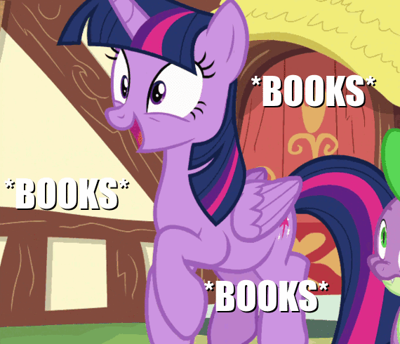 Size: 570x490 | Tagged: safe, edit, edited screencap, screencap, character:spike, character:twilight sparkle, character:twilight sparkle (alicorn), species:alicorn, species:dragon, species:pegasus, species:pony, episode:p.p.o.v. (pony point of view), g4, my little pony: friendship is magic, adorable face, adorkable, animated, book, bookhorse, cropped, cute, dork, excited, female, frown, grin, happy, male, mare, meme, open mouth, ponyville, prancing, purple smart, raised hoof, raised leg, smiling, solo focus, stare, talking, that pony sure does love books, trotting, trotting in place, twiabetes, wide eyes