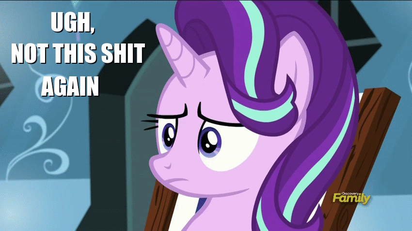 Size: 850x478 | Tagged: safe, edit, edited screencap, screencap, character:starlight glimmer, species:pony, species:unicorn, episode:the crystalling, g4, my little pony: friendship is magic, 4chan, animated, annoyed, cutie mark, deck chair, discovery family logo, drama, female, food, furrowed brow, gif, image macro, mare, meme, nope, not this shit again, popcorn, reaction image, ugh, vulgar