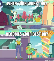 Size: 600x674 | Tagged: safe, edit, edited screencap, screencap, equestria girls:rollercoaster of friendship, g4, my little pony: equestria girls, my little pony:equestria girls, background human, everything went better than expected, female, gold rush (character), good end, image macro, male, meme, mint chip, mother and son, offscreen character, serendipity (scenario)