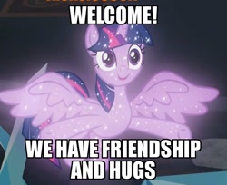 Size: 626x512 | Tagged: safe, edit, edited screencap, screencap, character:tree of harmony, character:treelight sparkle, character:twilight sparkle, character:twilight sparkle (alicorn), species:alicorn, species:pony, episode:what lies beneath, g4, my little pony: friendship is magic, cropped, female, friendship, hooves, hug, image macro, implied twilight sparkle, mare, meme, open hooves, school of friendship, smiling, solo, sparkles, spread wings, tree of harmony, treelight sparkle, welcome, wings