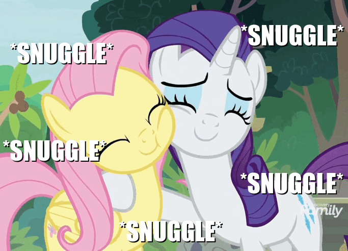 Size: 683x492 | Tagged: safe, edit, edited screencap, screencap, character:fluttershy, character:rarity, species:pegasus, species:pony, species:unicorn, episode:fake it 'til you make it, adorable face, animated, best friends, cropped, cute, cutie mark, dawwww, discovery family logo, eyelashes, eyes closed, eyeshadow, female, friendshipping, hnnng, hug, huggies, image macro, imma snuggle you, makeup, mare, meme, nuzzling, raribetes, rarity is a marshmallow, shipping fuel, shyabetes, snuggling