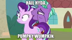 Size: 888x499 | Tagged: safe, edit, edited screencap, screencap, character:firelight, character:starlight glimmer, episode:the parent map, g4, captain america, father and daughter, female, hail hydra, male, meme, misspelling, pumpky wumpkin, whispering
