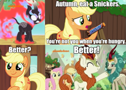Size: 657x471 | Tagged: safe, edit, edited screencap, screencap, character:applejack, character:autumn blaze, character:fluttershy, character:rain shine, species:kirin, episode:sounds of silence, g4, my little pony: friendship is magic, exploitable meme, image macro, meme, nirik, snickers, text, you're not you when you're hungry