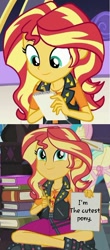 Size: 468x1061 | Tagged: safe, edit, edited screencap, screencap, character:fluttershy, character:sunset shimmer, episode:driving miss shimmer, episode:the finals countdown, g4, my little pony: equestria girls, my little pony:equestria girls, bacon hair, book, boots, clothing, cropped, cute, cutest pony alive, driving miss shimmer: rarity, element of empathy, female, high heel boots, image macro, jacket, leather, leather jacket, meme, notepad, pencil, shimmerbetes, shoes, skirt, smiling, sunset's note, truth, vest, writing