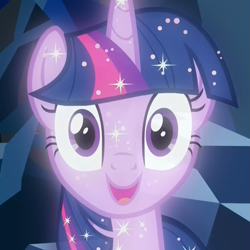 Size: 1079x1078 | Tagged: safe, edit, edited screencap, screencap, character:tree of harmony, character:treelight sparkle, character:twilight sparkle, species:pony, species:unicorn, episode:what lies beneath, g4, my little pony: friendship is magic, blank stare, cave, cropped, female, implied twilight sparkle, looking at you, mare, reaction image, smiling, solo, sparkles, sparkling, tree of harmony, treelight sparkle, wide eyes