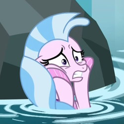 Size: 780x780 | Tagged: safe, edit, edited screencap, screencap, character:silverstream, species:seapony (g4), episode:what lies beneath, g4, my little pony: friendship is magic, cropped, female, hooves on cheeks, nightmare cave, panic, panic attack, panicking, reaction image, rock, scared, water