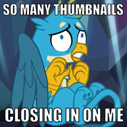 Size: 500x500 | Tagged: safe, edit, edited screencap, screencap, character:gallus, species:griffon, derpibooru, episode:what lies beneath, g4, my little pony: friendship is magic, cave, claustrophobia, cowering, cropped, gritted teeth, impact font, juxtaposition bait, male, meme, meta, nightmare cave, paw pads, paws, scared, solo, text, underpaw, wide eyes, wing covering