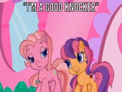Size: 998x749 | Tagged: safe, edit, edited screencap, screencap, character:pinkie pie (g3), character:scootaloo (g3), episode:sweetie belle's gumball house surprise, g3, g3.5, image macro, lidded eyes, meme
