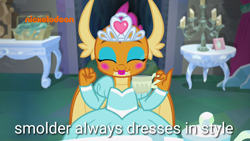Size: 1280x720 | Tagged: safe, edit, edited screencap, screencap, character:smolder, species:dragon, episode:what lies beneath, g4, my little pony: friendship is magic, clothing, cute, dress, eyes closed, eyeshadow, female, girly, image macro, jewelry, lipstick, makeup, meme, nickelodeon, nightmare cave, princess outfit, princess smolder, smolder also dresses in style, smolderbetes, tiara, wat